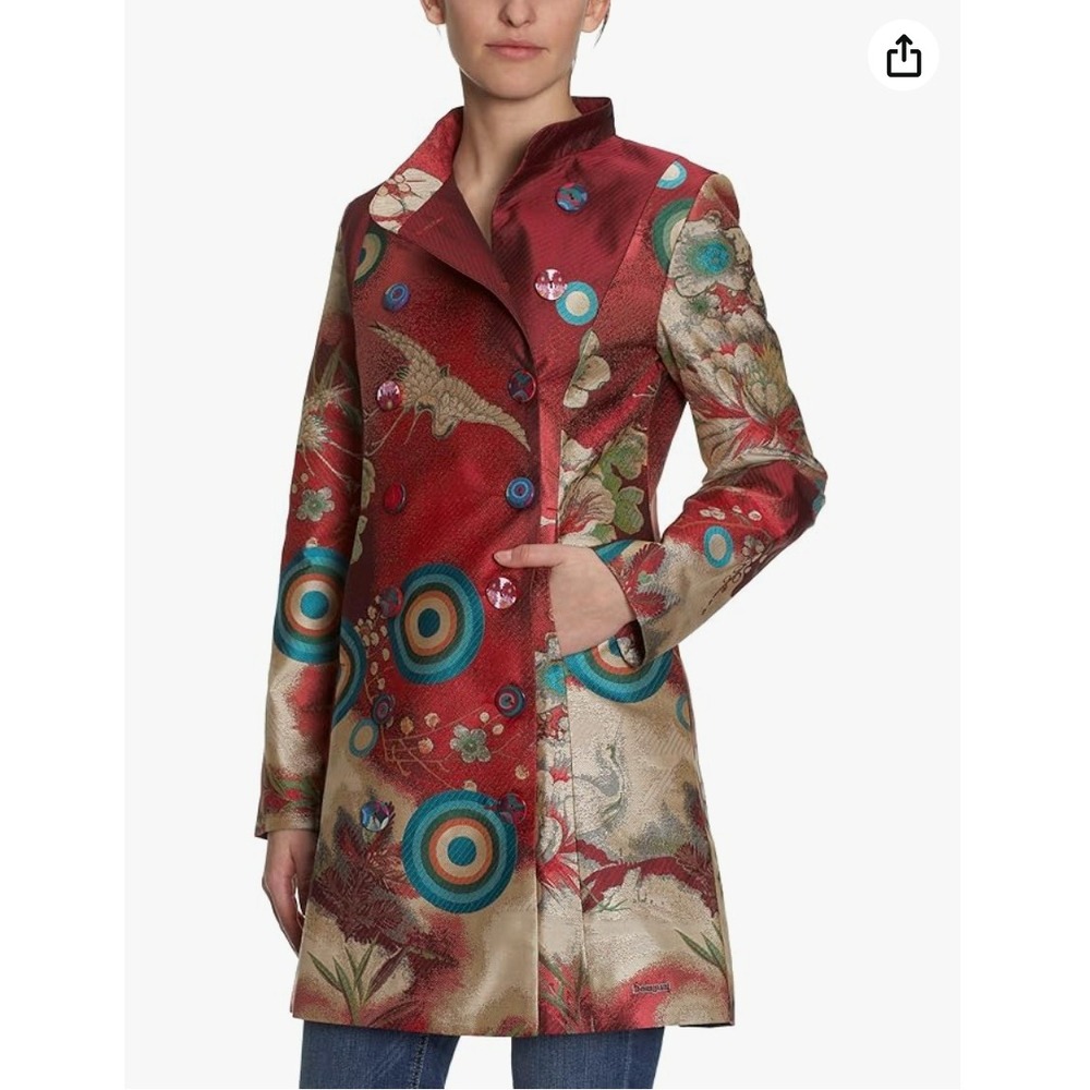 Desigual Coat Women Sz 38 EU 8/10 US Red Tapestry Floral Bird Boho Eclectic